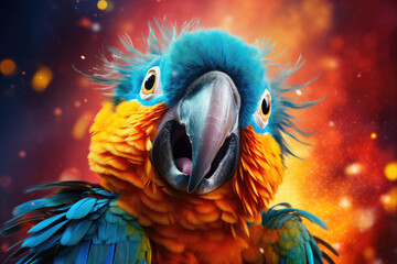 A vibrant parrot, with striking feathers, perches majestically, captivating our attention with its colorful presence