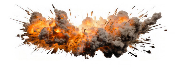 Explosion with fire, smoke and debris projectiles isolated on white background