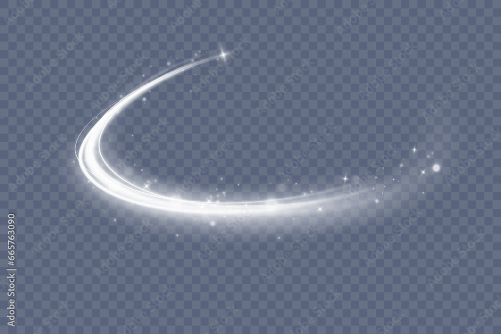 Poster wavy glowing white line of speed. magic light trail of glittering comet tail. luminous neon shape wa