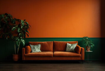 Modern living room with orange sofa