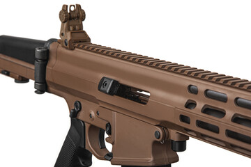 Modern brown automatic rifle. Weapons for police, special forces and the army. Automatic carbine with mechanical sights. Assault rifle on white back.