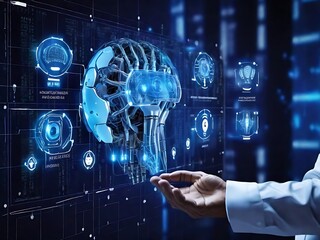 Artificial intelligence and Automated machine learning language blue digital user interface with businessman hand background. Cybersecurity computer vision metaverse twin drive business industrial.