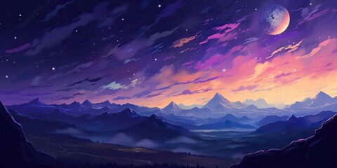 AI Generated. AI Generative. Pink purple abstract galaxy space planet landscape background with mountains. Graphic Art