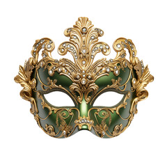 A Green and gold Venetian mask from seventeenth-century for a carnival party in Venice, isolated on transparent background, cutout and suitable for use in various visual contexts	
