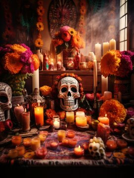 Day of the dead traditional Mexican altar decorated with sugar skulls, burning candles, bread and marigolds flowers, vertical photo, selective focus.