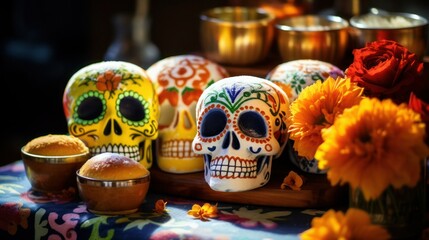 Traditional Mexican sugar skulls, marigolds flowers, bread for Day of dead celebration, close-up, selective focus.