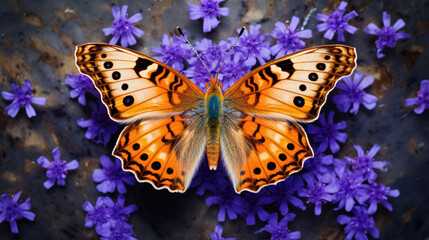 Butterfly Ballet: A Symphony of Symmetry and Repetition, Featuring a Delicate Insect Perched on a Purple Bloom with Mottled Textures and Harmon