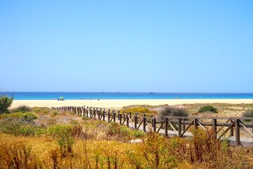 wooden walkway to access the beach through the dunes on the wonderful beach of Tarifa, Costa de la Luz, Andalusia, Cádiz, Spain