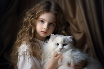 A beautiful baby girl with a little cute kitten, Adorable and innocent look, generative ai. 