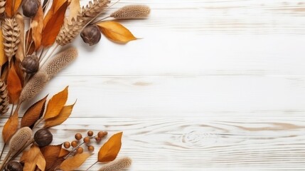 Autumn atmospheric flat-lay on white wooden background with dry herbs, leaves, berries and wild fruits, copy space, selective focus.