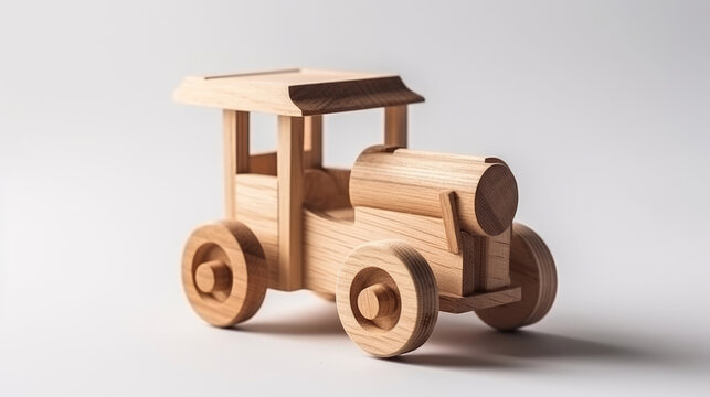 Whimsical wooden toy on a pristine white background, radiating nostalgia and simplicity in its design