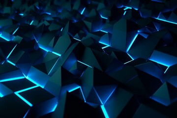 Vibrant neon surface with geometric shapes. Illuminated, abstract blue 3D backdrop. Generative AI
