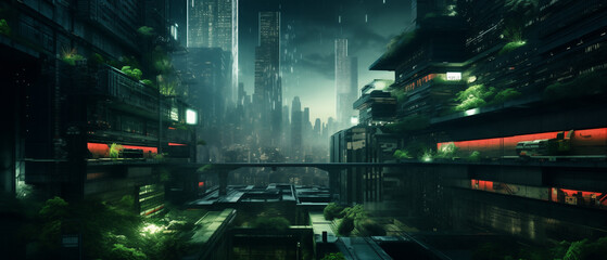 Futuristic cyberpunk urban cityscape, Neon Lights, traffic in the night