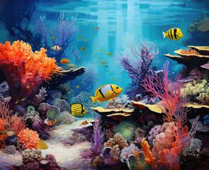 Schools of tropical fishes gracefully weave through the intricate coral formations, their vibrant hues adding life to this bustling aquatic ecosystem