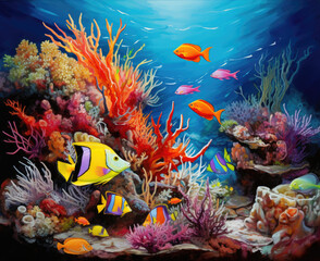 Fototapeta na wymiar Schools of tropical fishes gracefully weave through the intricate coral formations, their vibrant hues adding life to this bustling aquatic ecosystem