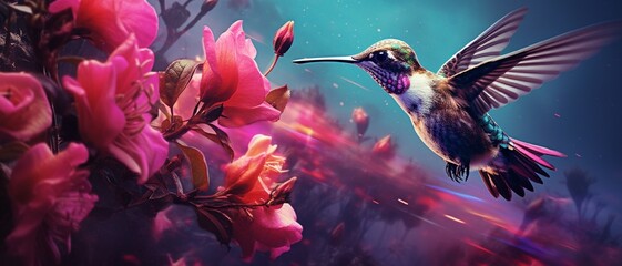 A hummingbird hovering near a cluster of fuchsia-colored fuchsia flowers, frozen in a moment of mid-flight - obrazy, fototapety, plakaty