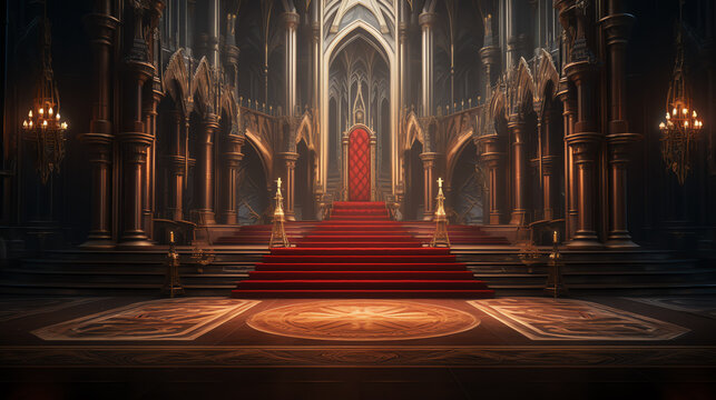 A fantasy empty throne in hall cathedral background of castle gothic