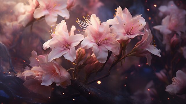 A photograph capturing delicate blooms cloaked in twilight's embrace, their petals seemingly woven with stardust and dreams.