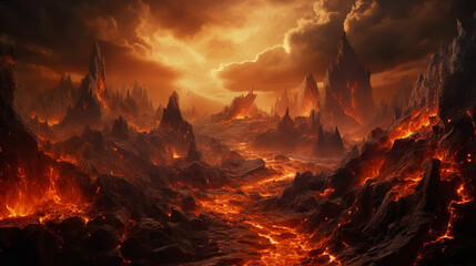 a dark, rocky landscape with a fiery lava