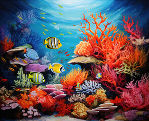 Fototapeta na wymiar Nestled in the heart of the ocean, a thriving coral reef bursts with an explosion of colors, creating a mesmerizing underwater tapestry