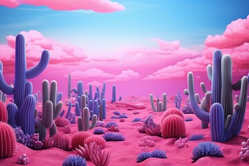 Pink background with unique cactus field in blue. Generative AI