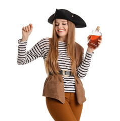 Beautiful female pirate with bottle of rum on white background