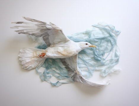 Concept d'oiseau marin fait de déchets et de sacs plastiques - pollution des océans et des mers - fond blanc