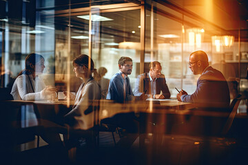 Fototapeta premium A successful business meeting in a modern office, with a diverse team collaborating on strategy and development.