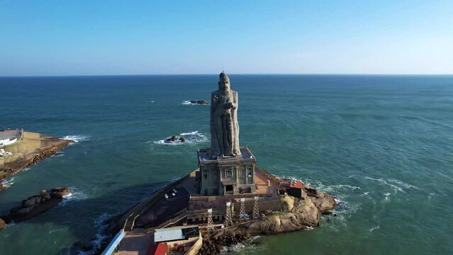 Thiruvalluvar Statue and Vivekananda Rock Memorial is a popular tourist monument in Kanyakumari, drone shot 4K