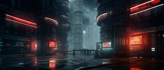 Futuristic cyberpunk urban cityscape, Neon Lights, time lapse of traffic at night