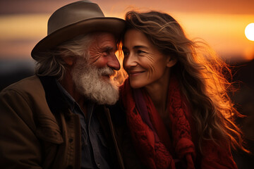 portrait of beautiful mature couple sitting together on sunset beach. togetherness. retirement