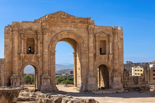 The Arch of Hadrian. View from the other side.  Jerash archaeological site. Jordnan. Horizontally. 