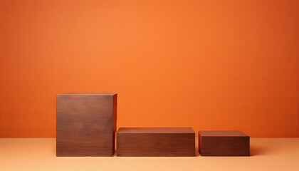 Three brown wooden rectangle cube product stage podium on orange background