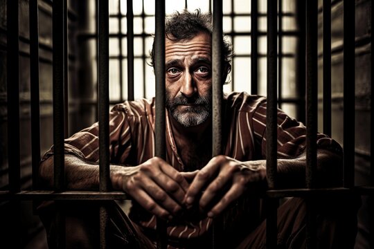 Man in prison behind bars in a cel
