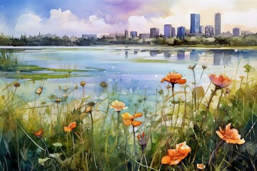 Lake water field with wild flowers and an urban city in the background. Oil and watercolor painting of a nature landscape on canvas. Generative AI - obrazy, fototapety, plakaty