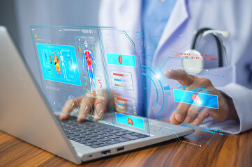 Doctor Medical technology Health Check with digital system support for patient with medical icon at hospital.