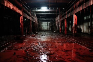 pool of blood. Concrete abandoned horror warehouse. butchery slaughterhouse. Pouring blood. Serial killer. Torture hostage hiding place. guts and viscera. slaughter. Halloween concept art.  - obrazy, fototapety, plakaty