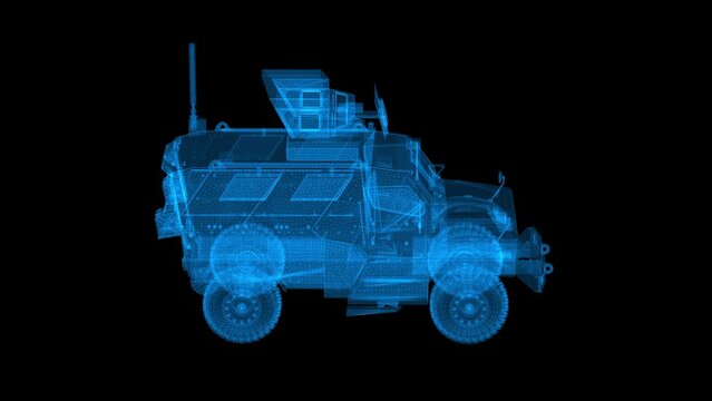 Mine resistant ambush protected vehicle MRAP. High resolution 4K detailed loop rotating 360 degrees view hologram. Slow motion 60 fps