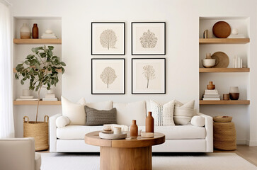 Round wood coffee table against white sofa near wall with shelves and four frames. Rustic country farmhouse home interior design of modern living room.