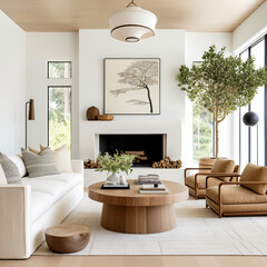 Round wood coffee table between white fabric sofa and shabby brown leather chairs against fireplace. Classic country farmhouse home interior design of modern living room.