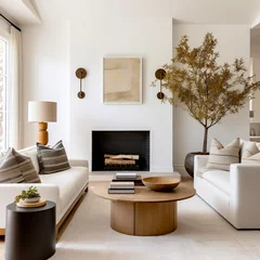 Foto op Canvas Two white sofa and round coffee table by fireplace. Classic country farmhouse home interior design of modern living room. © Vadim Andrushchenko