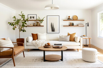 Round wood coffee table between brown leather chair and ottoman against sofa. Wall with floating shelves. Country farmhouse home interior design of modern living room. - obrazy, fototapety, plakaty