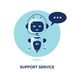 Robot assistant. A cute smiling robot talking to a chatbot.