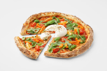 Tasty pizza with Burrata cheese on white background
