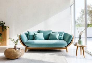 Cute turquoise sofa against window and blank white wall with copy space. Minimalist home interior design of modern living room.