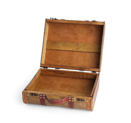 Open wooden suitcase isolated on white background