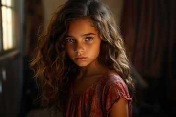 Fototapeta premium portrait of a beautiful little girl with curly hair in the interior
