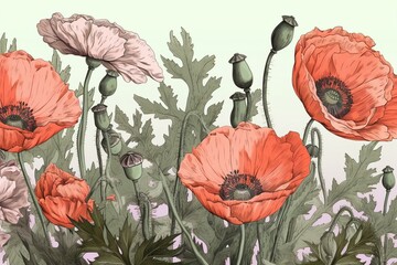 Illustration of blooming poppy flowers in spring. Generative AI