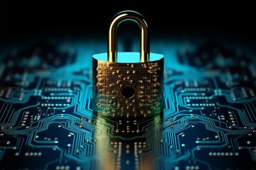 The cyber security concept is symbolized by the shape of a padlock