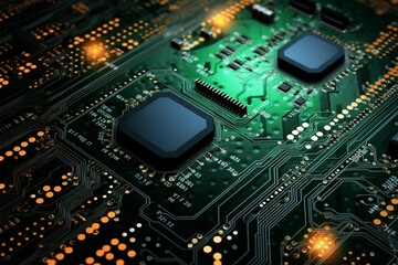 Obraz premium A black duotone circuit board featuring striking technological design elements